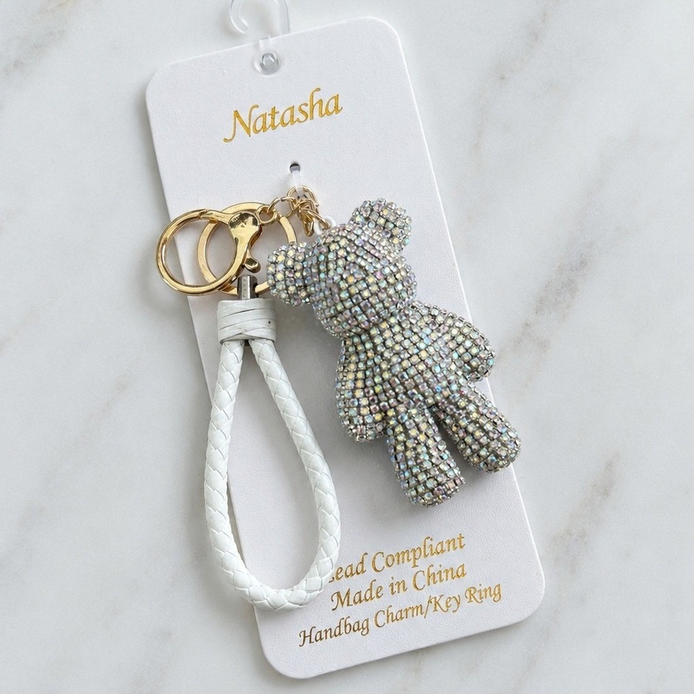 Natasha Crystal Rhinestone Teddy Bear Handbag Charm Key Ring White Gold Tone